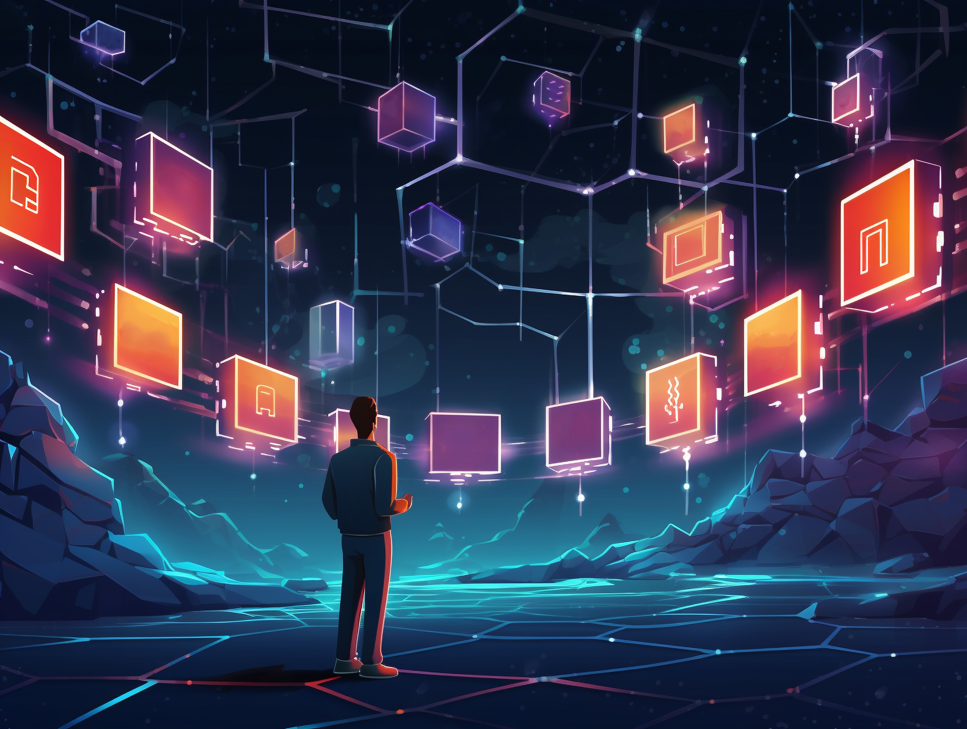 Enterprise blockchain network visualization showing nodes and supply chain tracking